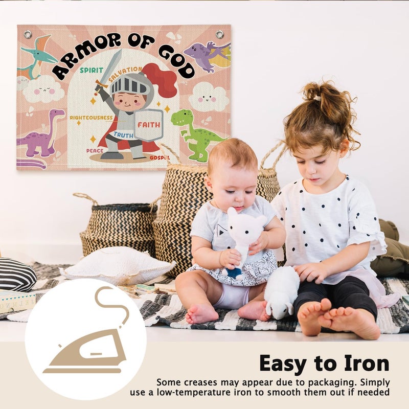ETVISO Armor of God Dinosaur Inspirational Christian Kids Room Decor - Linen Banner Wall Hanging Canvas Banner Flag Decor for Toddler Kids Bedroom Playroom Classroom - Image 4